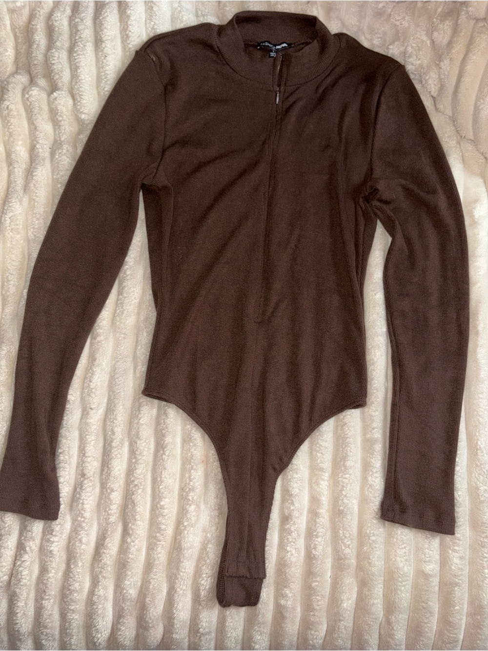 Fashion Nova Woman  Brown Long-Sleeve Bodysuit with Half-Zip